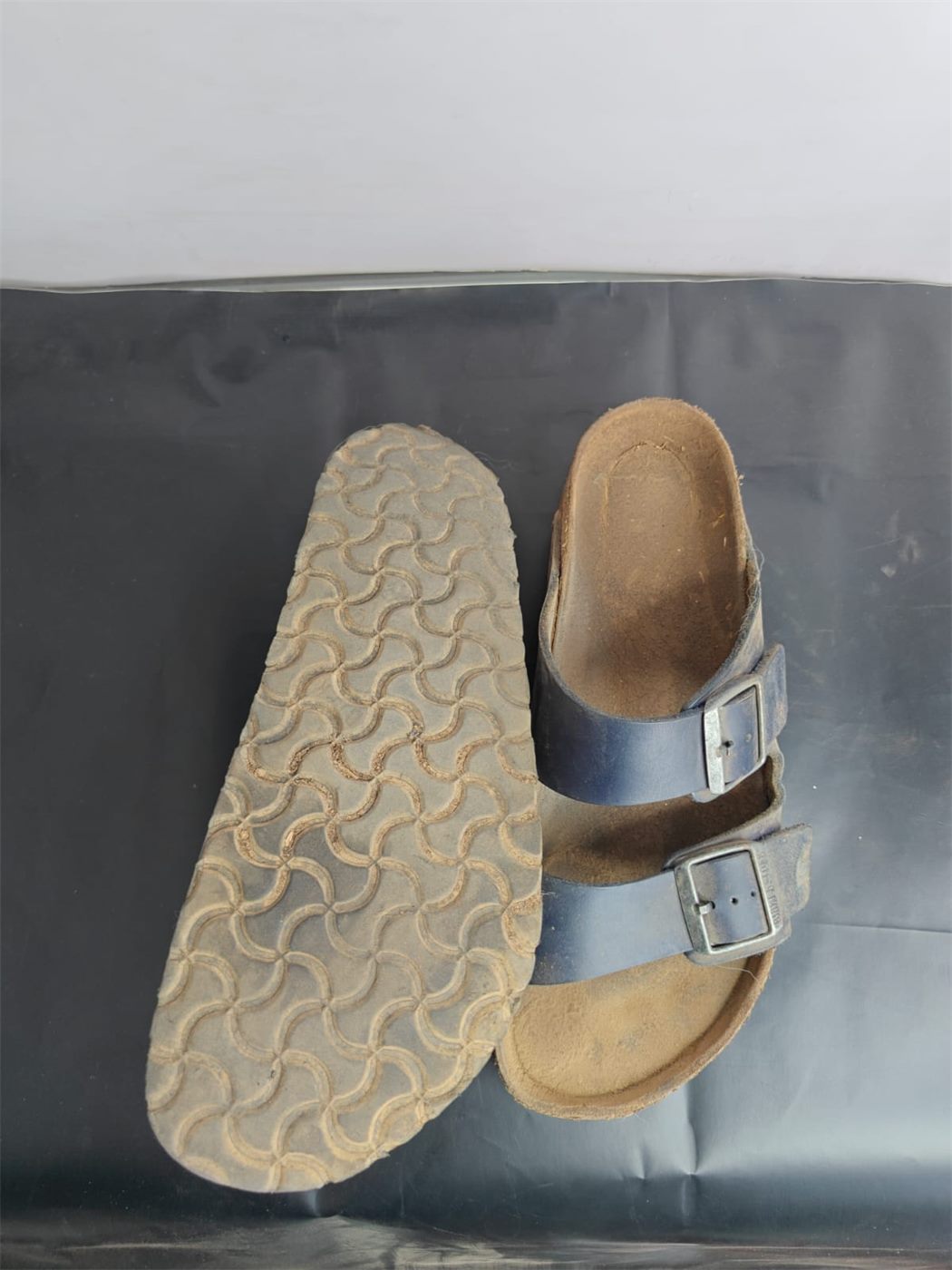 Navy Birkenstock sandals before cleaning